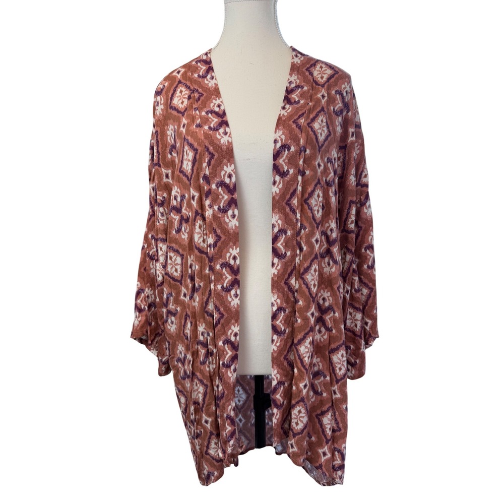 Knox Rose Terracotta Rust Ikat Kimono Cardigan M/L Boho Open Front Duster